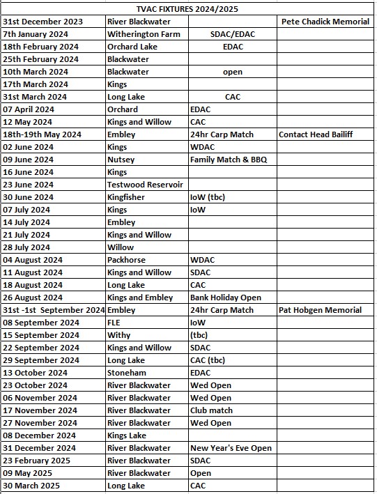 Match Dates 2024 2025 Test Valley Angling Club